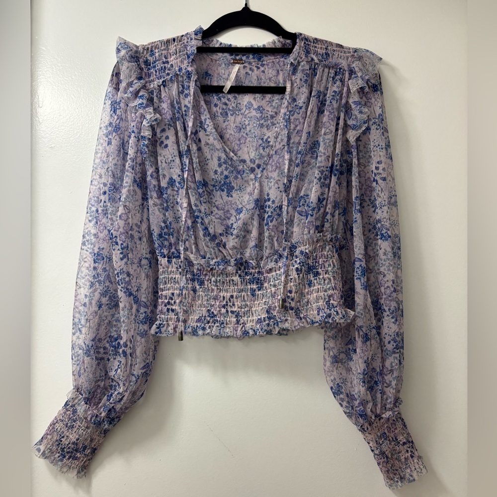 Free People Blue Floral Smocked Blouse